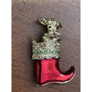 Vintage Signed Gerry’s Christmas Puppy in Stocking Poodle in Red Boot Brooch Pin
